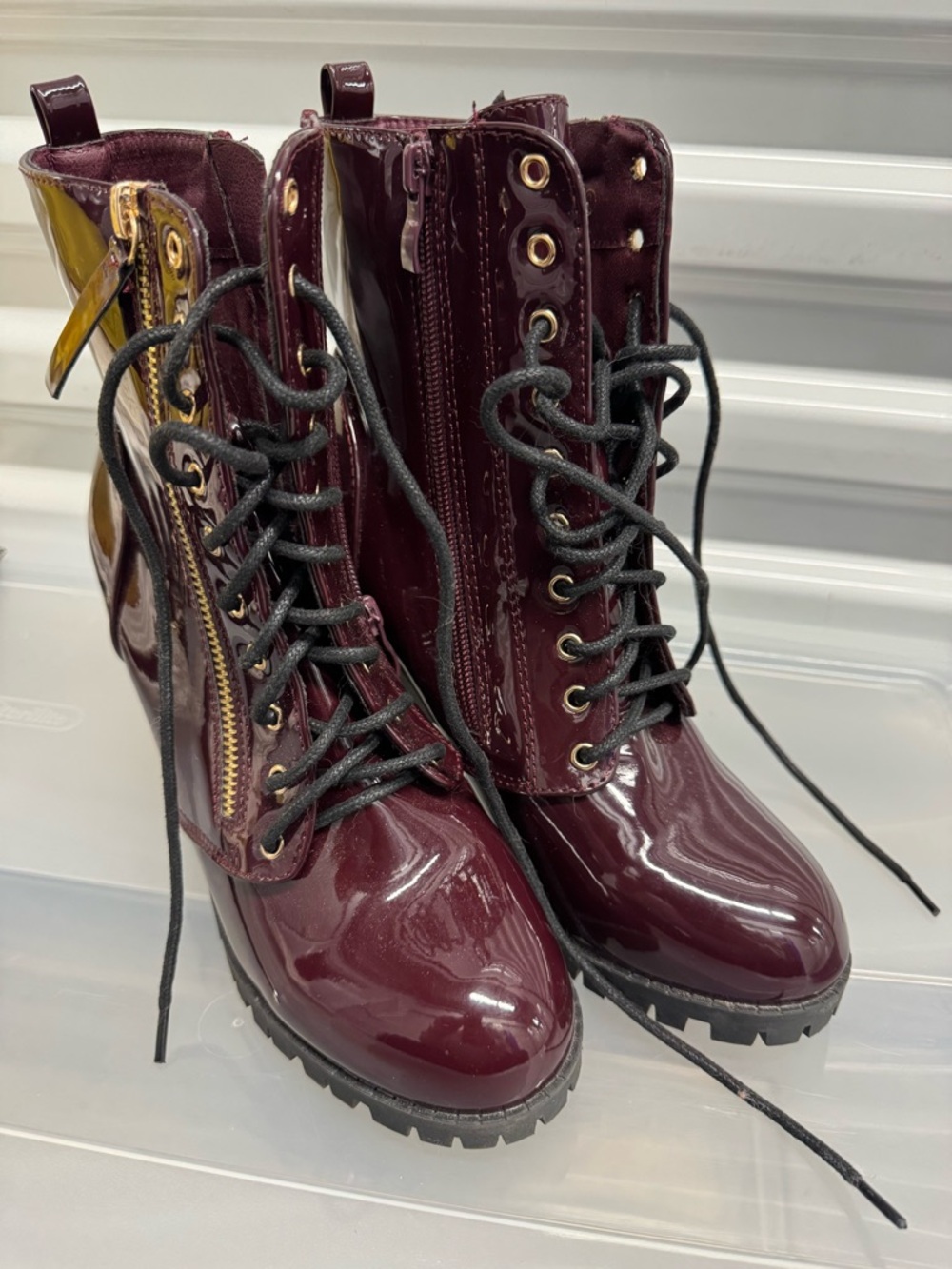 Fashion Nova Patent Lace-Up Combat Boots - Burgundy